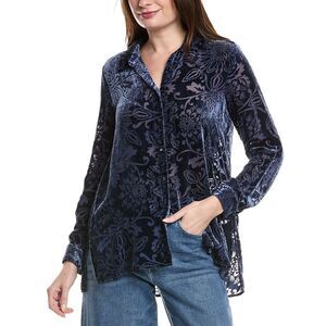 Johnny Was Womens Misty Burnout Velvet Silk-Blend Shirt, Blue